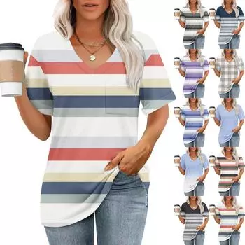 Модный топ с карманом, V-образным вырезом, коротким рукавом, полосатым принтом, футболка L бежевый