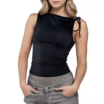 Модный топ с косым вырезом на завязках без рукавов, плиссированный, с открытым пупком L чёрный