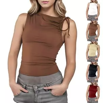 Модный топ с косым вырезом на завязках без рукавов, плиссированный, с открытым пупком XL чёрный