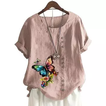 Модный топ с принтом, круглым вырезом и короткими рукавами в 11 цветах для женщин S кофейный