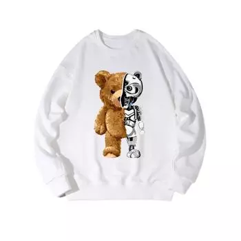 Модный топ с принтом Machine Bear, повседневная спортивная одежда на осень и зиму, хлопковая толстовка M белый