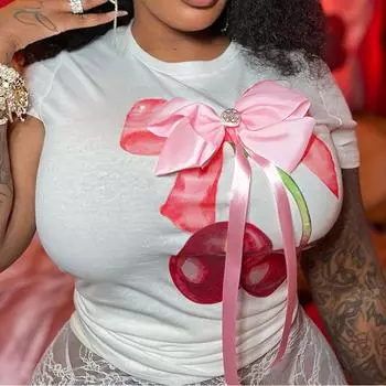 Модный топ с вишневым принтом, круглый вырез, короткий рукав, галстук-бабочка, 3D декоративная футболка для женщин S белый