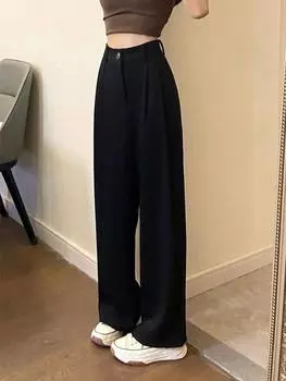 Модный тренд 2024 года, брюки для костюма с высокой драпировкой, узкие широкие брюки, брюки прямые, высокая талия, резинка сзади на талии S чёрный