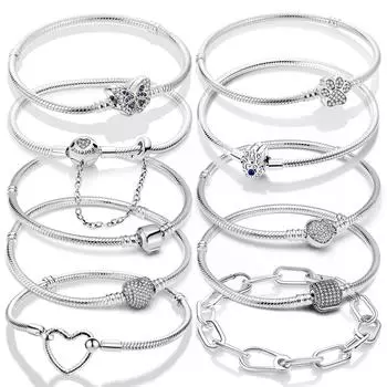 Модный тренд 925 Серебряная змея цепочка застежка браслет шарм подходит оригинальный кулон из бисера DIY изготовление ювелирных изделий для женщин подарок на день рождения 17cm