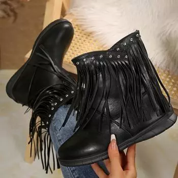 Модный тренд Chelsea Fringe Flats Ankle Women Boots Casual Sport Shoes 2025 Winter Brand New Goth Sneaker Non Slip Walking Botas Mujer 36 чёрный