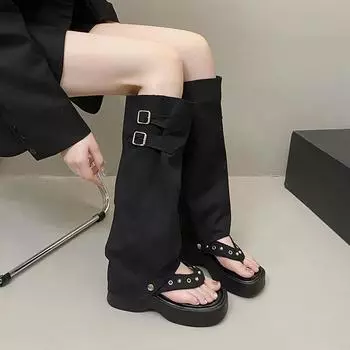 Модный тренд черные ботинки на высокой платформе женские новые летние высококлассные съемные крутые ботинки 35