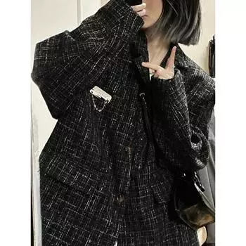 Модный тренд, черный блейзер, женская верхняя одежда в корейском стиле с пуговицами, зимнее пальто, женский элегантный офисный женский блейзер с длинным рукавом S чёрный