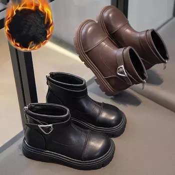 Модный тренд для девочек с молнией и плюшевым утеплителем. Высокие хлопковые сапоги. Короткие сапоги. Повседневные модные сапоги. 26 чёрный