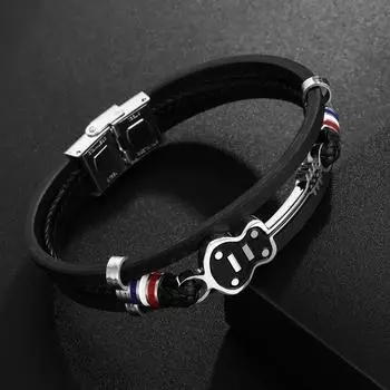 Модный тренд для любителей музыки, браслет в форме гитары, мужской панк-плетеный кожаный браслет, популярный подарок на праздник, вечеринка, доступ чёрный