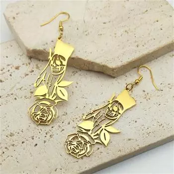 Модный тренд из титановой стали, индивидуальный череп, перевернутая роза, серьги-капельки, готические серьги из нержавеющей стали, идеально подходящие для дня Хэллоуина золотой