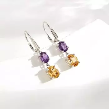 Модный тренд, камень февраля, аметист и цитрин, натуральный драгоценный камень с 925 серебряными серьгами для женщин и девушек, изящные ювелирные украшения в подарок M фиолетовый/жёлтый