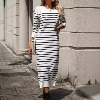 Модный тренд, новый облегающий женский свитер средней длины, полосатая длинная юбка, модное осенне-зимнее платье M белый