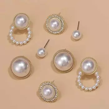 Модный тренд, серия из 4 серег, серьги-гвоздики с металлическим жемчугом и цветком, подвеска