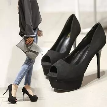 Модный тренд сексуальная леди бизнес рыбий рот наружный высокий каблук водонепроницаемый стол мелкий рот высокие каблуки - 34 чёрный
