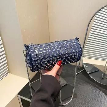 Модный тренд сумка-цилиндр на цепочке женская новая летняя высококлассная универсальная сумка через плечо с заклепками темно-синий