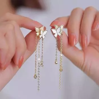 Модный тренд, уникальный дизайн, элегантные нежные двойные бабочки, длинные серьги с кисточками, женские ювелирные изделия, подарок на день рождения