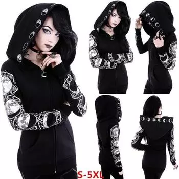 Модный тренд, женский панк-черный свитер с капюшоном и принтом луны, с длинными рукавами 5XL чёрный