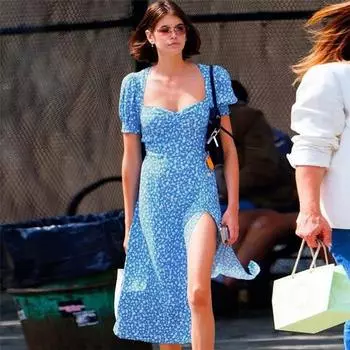 Модный тренд женское платье с французским сексуальным квадратным воротником и цветочным узором на талии S синий