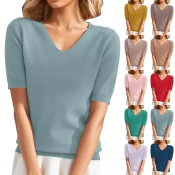 Модный трикотаж с короткими рукавами, облегающий, с V-образным вырезом, однотонный, с рукавом пять четвертей, женский топ L верблюд