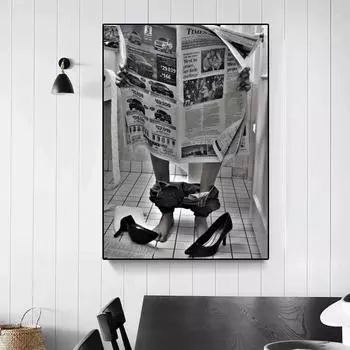 Модный туалет сексуальная женщина читает газету винтажная картина на холсте постеры современный бар черно-белая девушка в туалете настенный декор 21x30cm No Framed