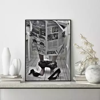 Модный туалет сексуальная женщина читает газету старинные плакаты современный бар черно-белая девушка в туалете настенный художественный декор живопись HD0139 21x30cm no frame