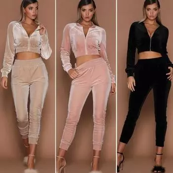 Модный уличный комплект из двух предметов из бархата, женские брюки, повседневные однотонные брюки с круглым вырезом и застежкой-молнией, женские облегающие спортивные комплекты из двух предметов со штанами 25834 S чёрный