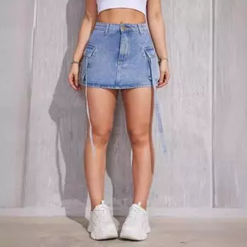 Модный уличный стиль, карман с клапаном, детали из ленты, тонкая рабочая одежда, джинсовая мини-юбка, уличная одежда XXL синий