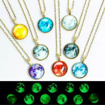 Модный унисекс галактика звездное небо мода новый стеклянный серебряный бронзовый кулон цепь вселенная подарок 1 шт светящийся в темноте унисекс ожерелье луна покрытая планета