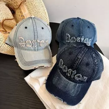 Модный универсальный стиль вышитая маленькая буква модный бренд солнцезащитный козырек бейсболка ретро потертый деним старая дырка утиный язычок M56-58cm чёрный