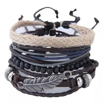 Модный универсальный знаменитый кожаный многослойный браслет, ретро-пеньковая веревка, плетеные перья, украшения из бисера