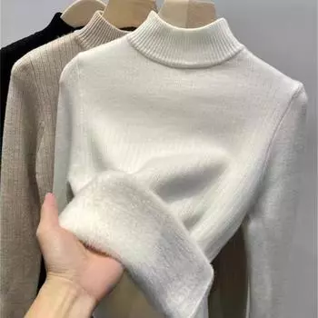 Модный утепленный зимний свитер с воротником, повседневный мягкий пуловер, топы с длинными рукавами, однотонные женские джемперы 29028 S чёрный