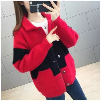 Модный утолщенный вязаный свитер свободного покроя с лоскутным одеялом из искусственного меха норки для женщин M красный