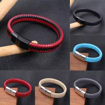 Модный ювелирный браслет из искусственной кожи, модный браслет из нержавеющей стали с магнитной застежкой, плетеные браслеты в стиле панк для мужчин и женщин, черный, красный