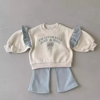 Модный весенне-осенний комплект из двух предметов для девочек с кружевом, бантом и мультяшным принтом 100 cm