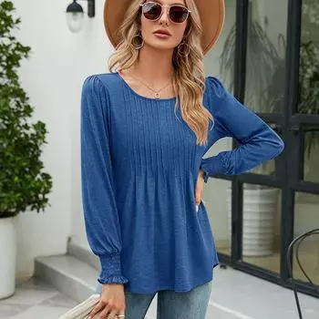 Модный весенне-осенний однотонный женский пуловер с круглым вырезом и рукавами-фонариками, футболка S чёрный