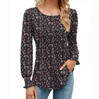 Модный весенне-осенний пуловер с рукавом-фонариком и цветочным принтом, женский пуловер, футболка, топ S