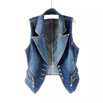 Модный весенне-осенний женский джинсовый жилет, костюм с воротником и карманом, тонкая куртка без рукавов, пальто, верхняя одежда, тонкий жилет без рукавов, однобортный однобортный сплошной цвет XXXXL синий
