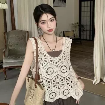 Модный весенне-осенний женский вязаный кружевной жилет с круглым вырезом, летние стильные базовые футболки, свободная одежда, женская футболка one size бежевый
