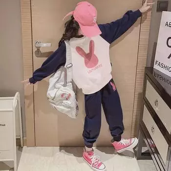 «Модный весенний комплект из толстовки и брюк для девочек 2024 года — модный детский комплект из двух предметов на весну и осень» 160cm