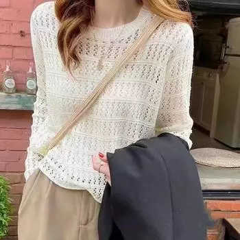 Модный весенний свободный трикотажный сетчатый тонкий пуловер женский летний осенний повседневный женский элегантный ажурный белый топ женский свитер One Size
