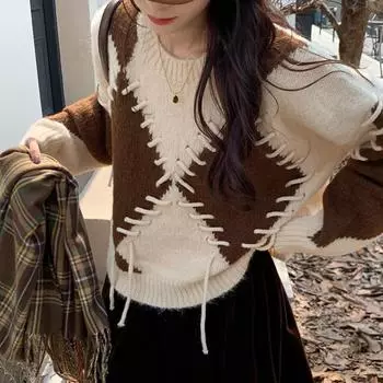 Модный винтажный повседневный свитер с длинным рукавом, женский осенне-зимний свободный вязаный свитер с круглым вырезом и узором «Аргайл», трикотаж 24941 One Size серый