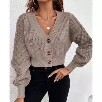 Модный винтажный вязаный свитер с рукавами-фонариками, пальто для женщин, осень, новый однотонный свободный вязаный кардиган, женская куртка, элегантный теплый мягкий трикотаж, топы 25093 One Size светло-серый