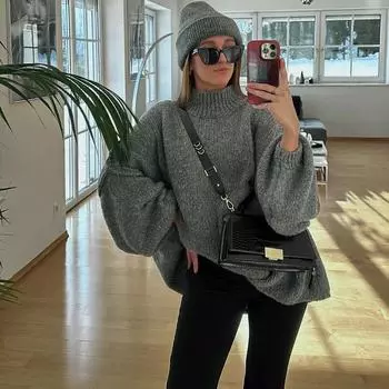 Модный вязаный джемпер с круглым вырезом для женщин, осенний длинный свитер с рукавами-фонариками, женский уличный теплый шикарный пуловер XS абрикосовый