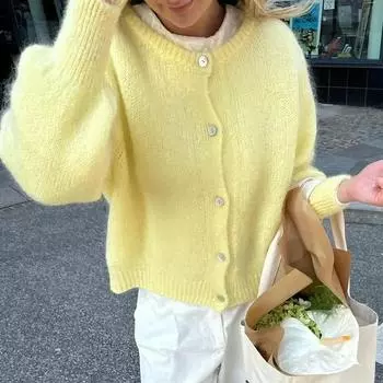 Модный вязаный кардиган для женщин, повседневный, свободный, с круглым вырезом, однобортный, с длинным рукавом, мягкий и удобный, осенний новый трикотаж S белый