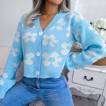 Модный вязаный кардиган с цветочным принтом, свитер, женский осенне-зимний повседневный свободный укороченный кардиган с длинными рукавами, короткое пальто 28739 S зелёный