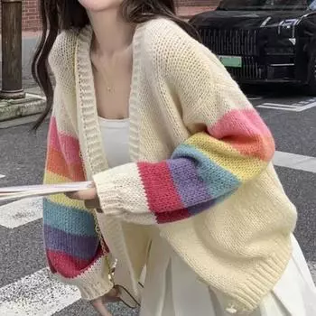 Модный вязаный кардиган с длинным рукавом, свитера, осень, новый элегантный женский кардиган с V-образным вырезом, свободные короткие жакеты, женские тонкие повседневные зимние пальто 25564 One Size абрикосовый