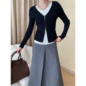 Модный вязаный кардиган с v-образным вырезом для похудения с двойной молнией и модным дизайном one size чёрный