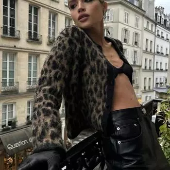 Модный вязаный леопардовый принт мохеровый свитер кардиган женский шикарный свитер с круглым вырезом и длинным рукавом элегантный женский уличный осенний трикотаж S леопардовый