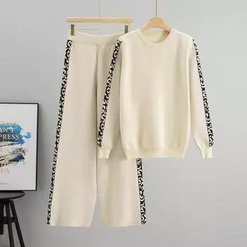 Модный вязаный повседневный костюм-двойка свободного кроя с длинными рукавами и круглым вырезом one size абрикосовый