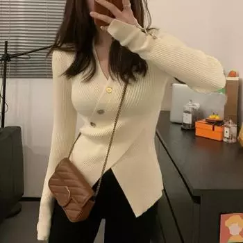 Модный вязаный свитер с крестообразным V-образным вырезом для женщин, осенний приталенный топ с длинными рукавами, повседневные женские базовые свитера с пуговицами, однотонная одежда One Size чёрный